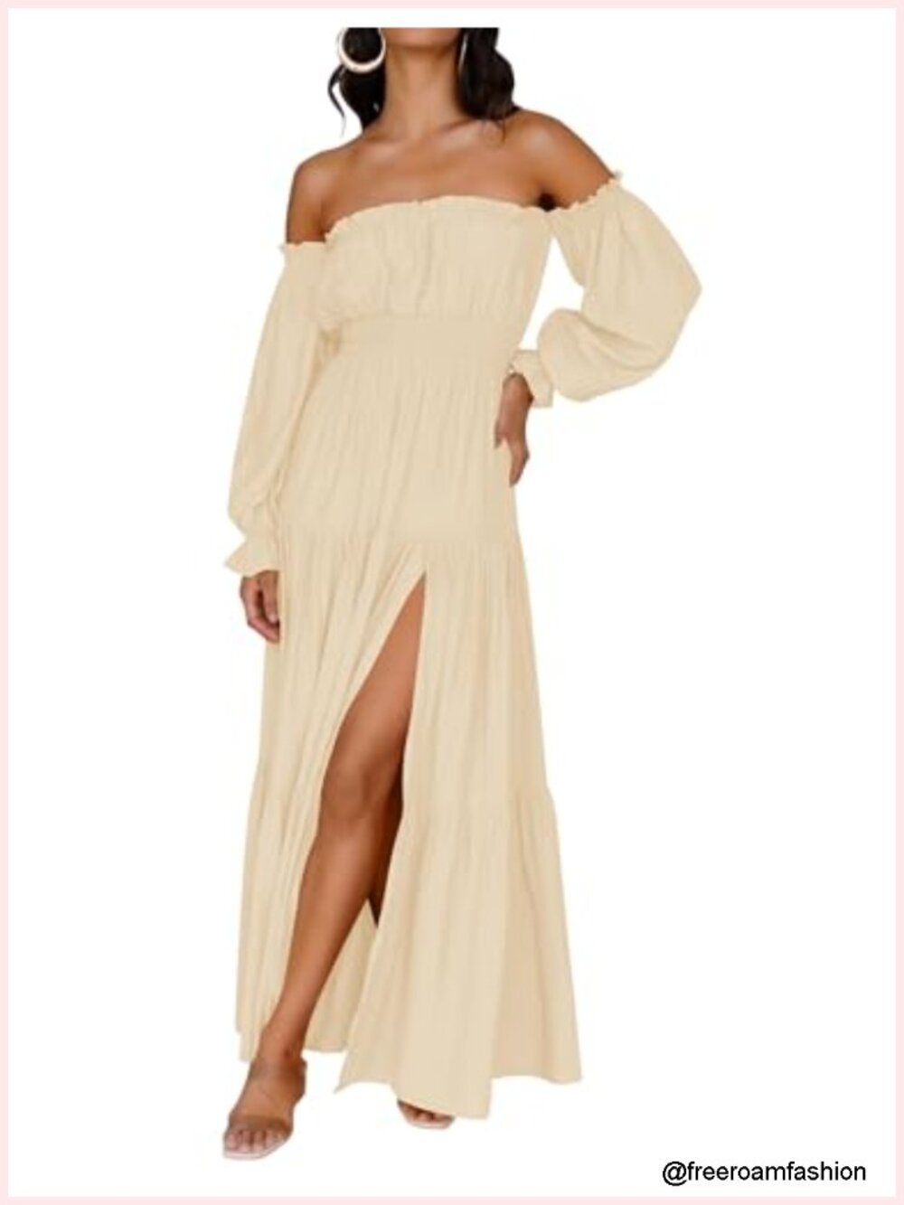 Off Shoulder Maxi Dress with Puff Sleeves and Side Split - Flowy A-Line, High - Picture 1 of 6